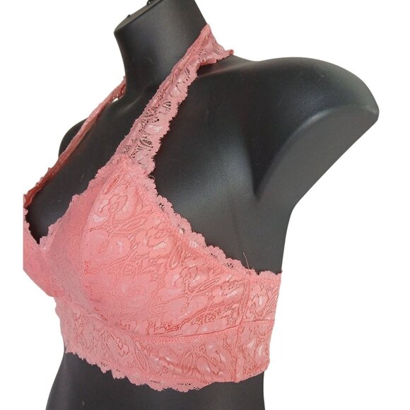 A-Shape  Wirefree Fine Intricate Peach Lace Halter Plunge Bralette Crop bra - Picture 3 of 7